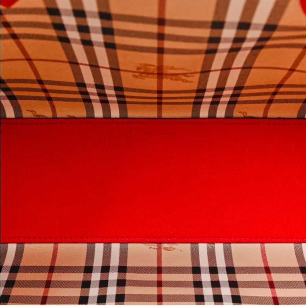 BURBERRY Reversible Haymarket Check Tote Red Leather & Plaid Dust Bag & Charm - Picture 10 of 14